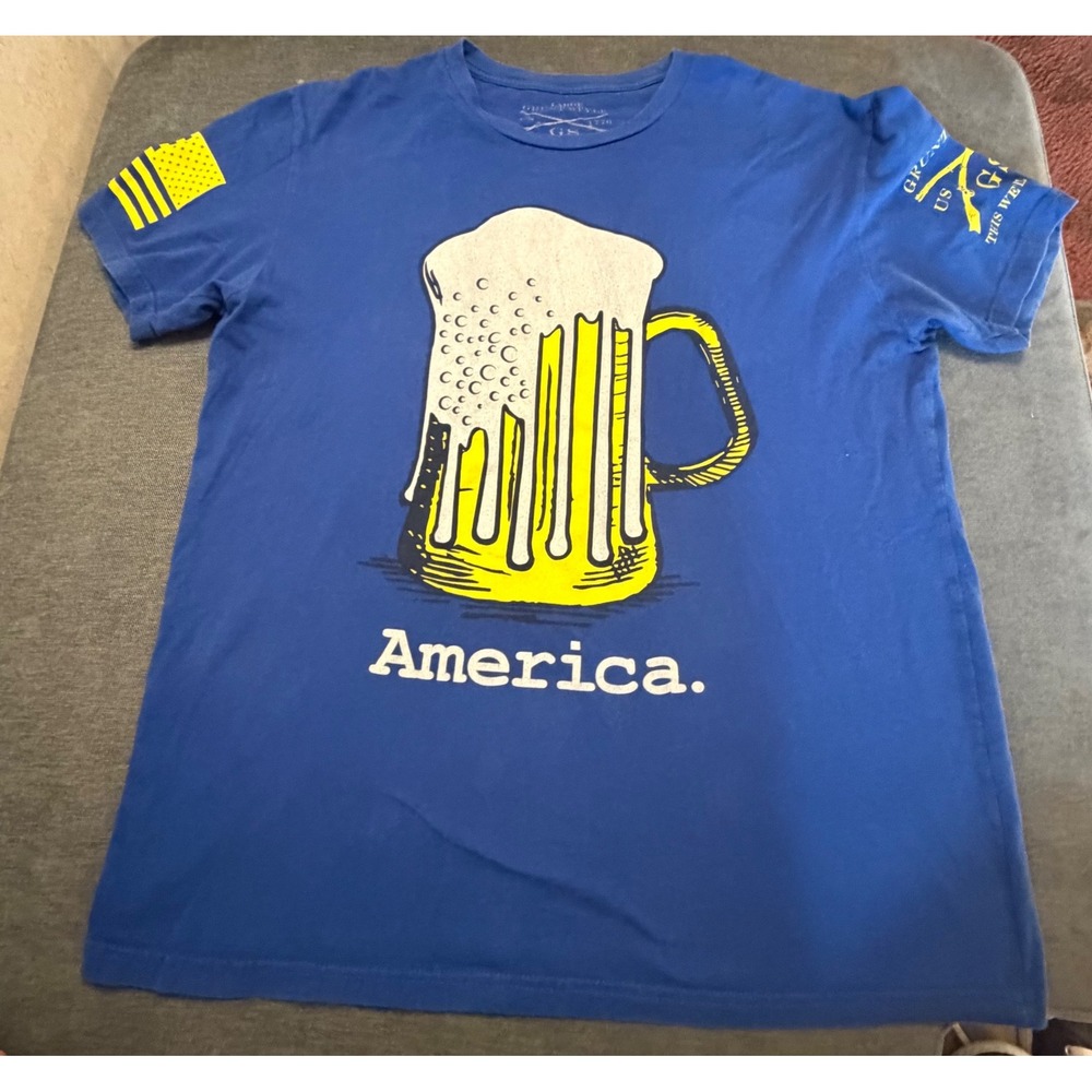 Grunt Style America Beer Mug Graphic Tee Blue Yellow Mens Large Patriotic Shirt